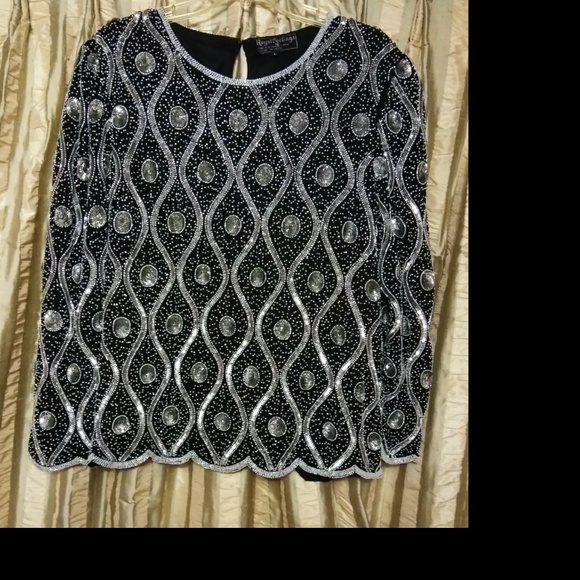 Large Vintage Royal Feelings Silk Beaded Formal Blouse - Picture 1 of 4